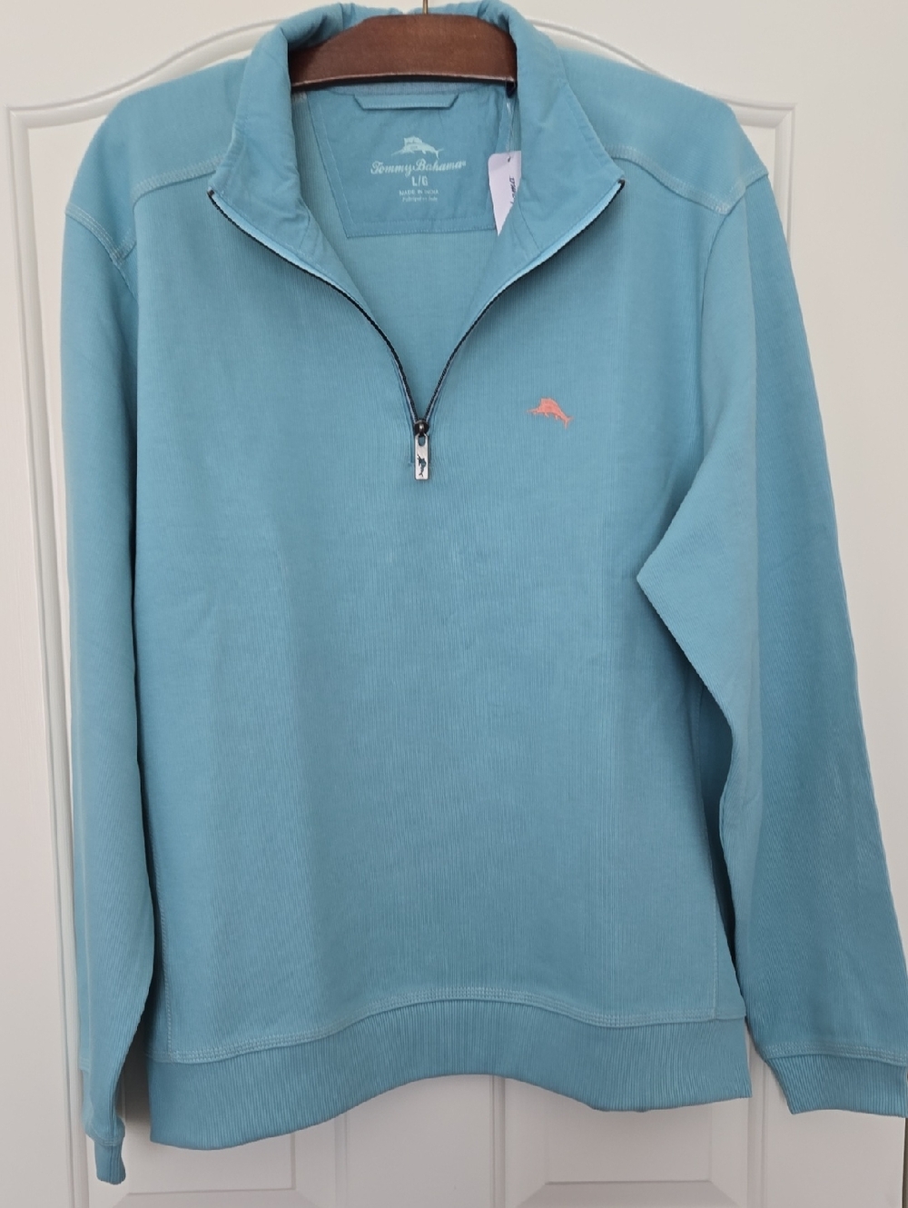 Tommy Bahama Nassau Half Zip Pullover L | Milky Blue, 100% Cotton, Coral Marlin